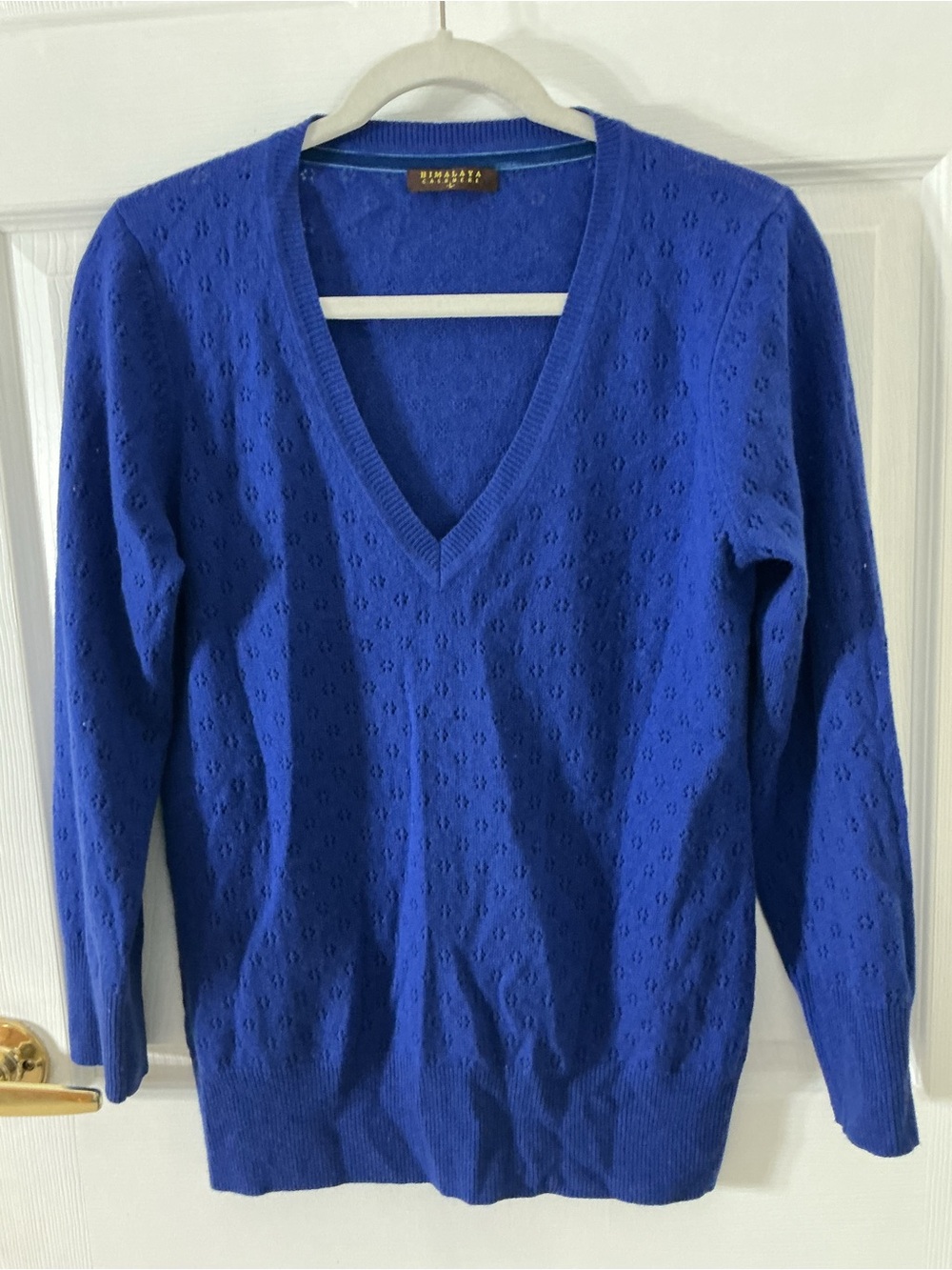 Himalaya Cashmere Blue Silk V-Neck Pointelle Knit Sweater Women's Size L - Picture 2 of 6